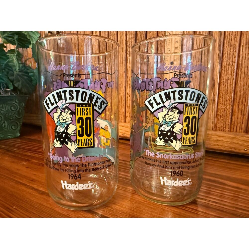 1991 Hardees Flintstones First 30 Years Collector Glasses Set of 2 Vintage
